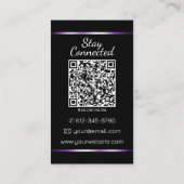 黒エレガント紫ハート写真QRコードテンプレート 名刺 (裏面)