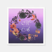 黒エレガント紫フローラモノグラ結婚ム スタンダードカクテルナプキン (正面)