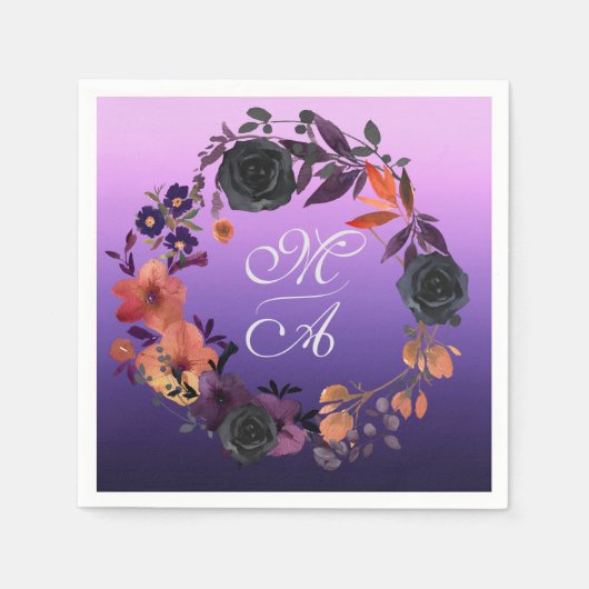 黒エレガント紫フローラモノグラ結婚ム スタンダードカクテルナプキン (正面)