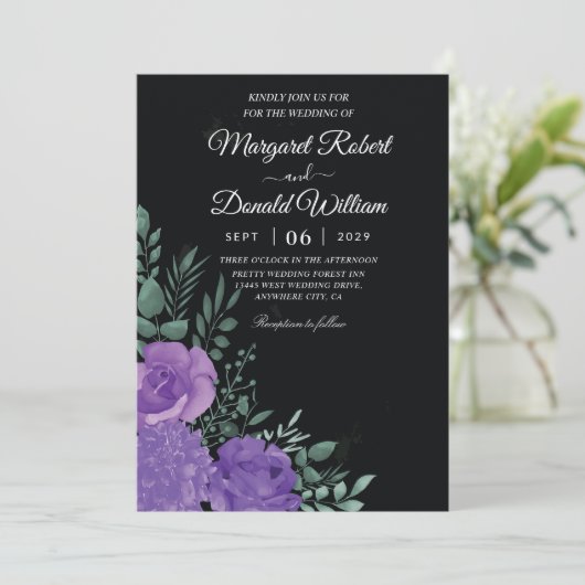 黒エレガント紫フローラ結婚式招待状 招待状 (スタンド正面)