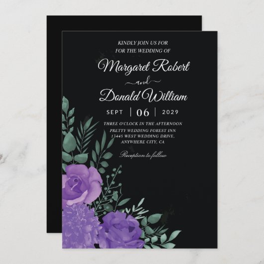黒エレガント紫フローラ結婚式招待状 招待状 (正面/裏面)