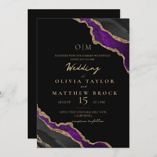 黒エレガント紫モダン結婚式招待状 招待状 (正面/裏面)