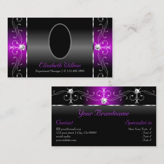 黒エレガント紫色の斜面宝石（写真付） 名刺 (正面/裏面)