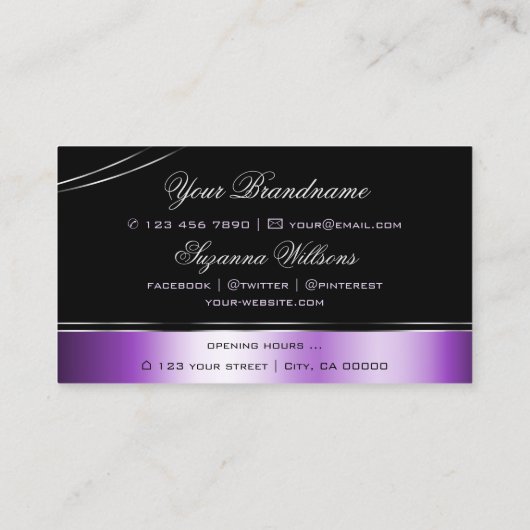 黒エレガント紫色の曲がったデコールラインきらめく 名刺 (裏面)