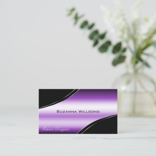 黒エレガント紫色の曲がったデコールラインきらめく 名刺 (スタンド正面)
