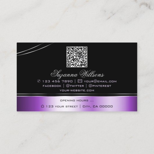 黒エレガント紫色の曲線のロゴとQRコード 名刺 (裏面)
