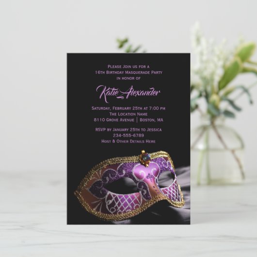 黒エレガント紫色の甘い16マスカレードパーティー 招待状 (スタンド正面)