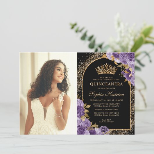 黒エレガント紫金ゴールドフローラ写真キンセアニェラ 招待状 (スタンド正面)