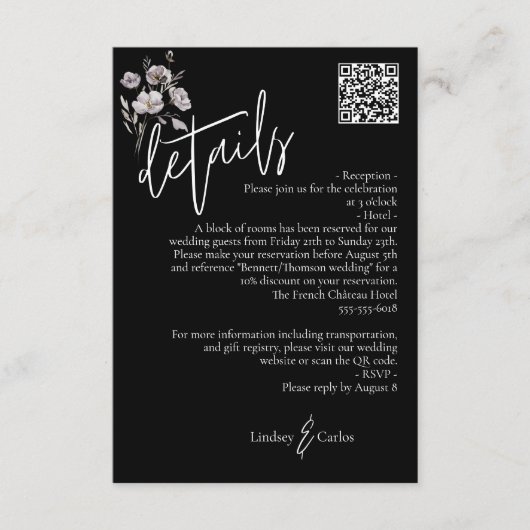 黒エレガント結婚モダン詳細QRコード エンクロージャーカード (正面)