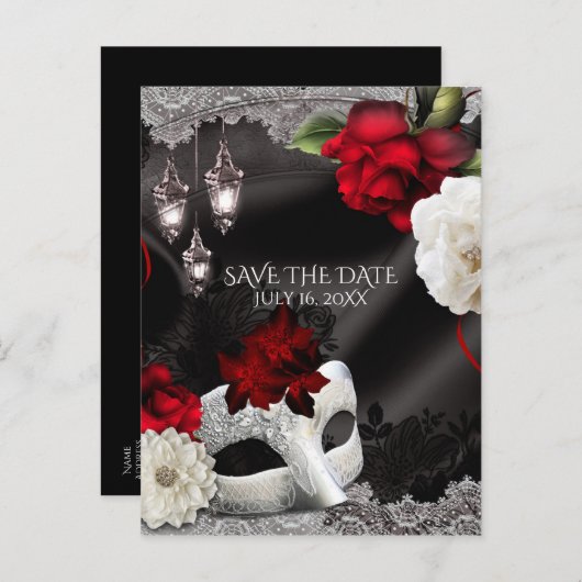 黒エレガント絹フローラ仮装の日付を保存 案内ポストカード (正面/裏面)