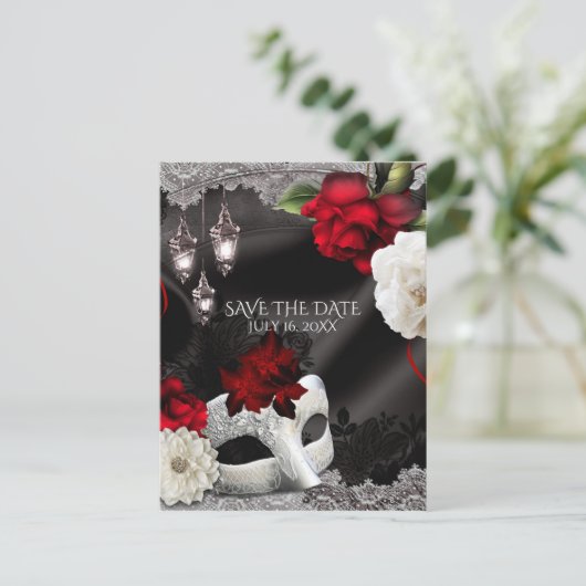 黒エレガント絹フローラ仮装の日付を保存 案内ポストカード (スタンド正面)