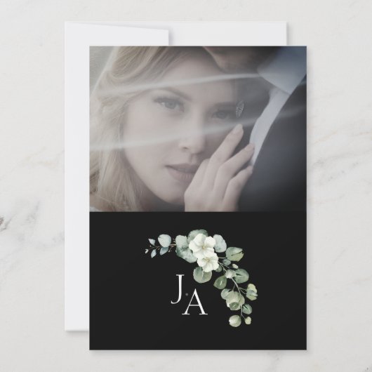 黒エレガント緑のユーカリ写真結婚 招待状 (裏面)