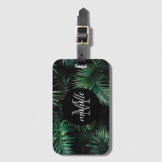 黒エレガント緑の熱帯パーム離れモノグラム ラゲッジタグ (正面縦)