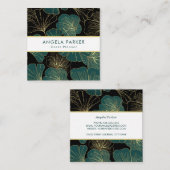 黒エレガント緑金ゴールド輪郭イチョウ葉コ スクエア名刺 (正面/裏面)