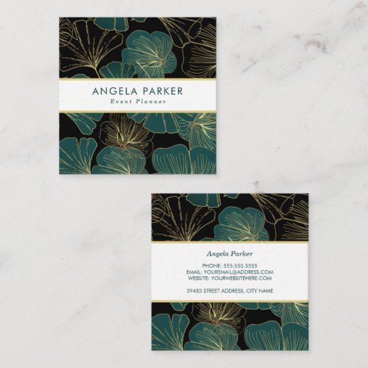 黒エレガント緑金ゴールド輪郭イチョウ葉コ スクエア名刺 (正面/裏面)