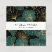 黒エレガント緑金ゴールド輪郭イチョウ葉コ スクエア名刺 (正面)