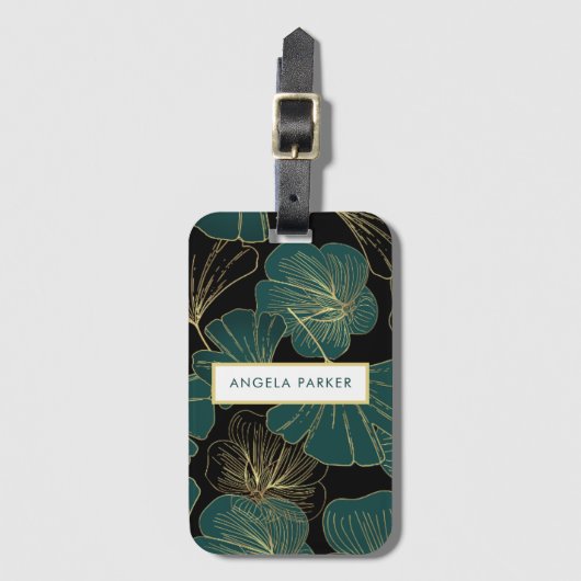 黒エレガント緑金ゴールド輪郭イチョウ葉コ ラゲッジタグ (正面縦)