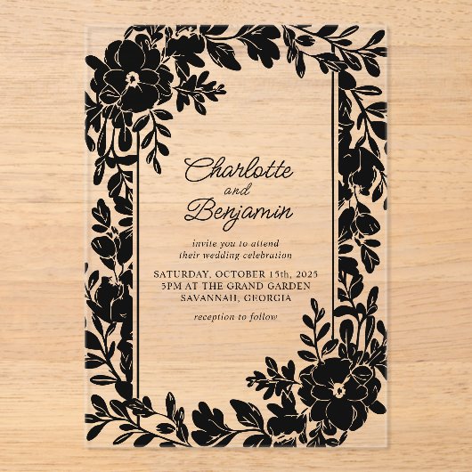 黒エレガント縁ど結婚フローラ アクリル招待状 (正面)