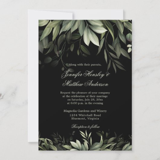 黒エレガント背景の水彩緑 招待状 (正面)