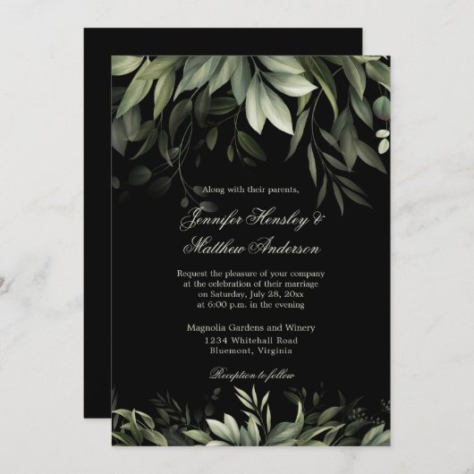 黒エレガント背景の水彩緑 招待状 (正面/裏面)