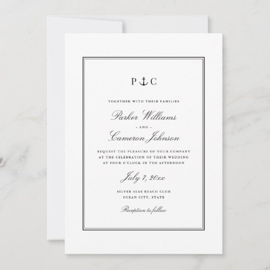 黒エレガント航海の白いかり結婚 招待状 (正面)