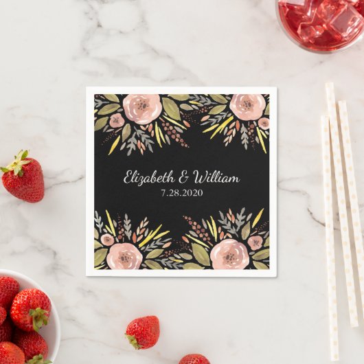 黒エレガント色とバラ水色のフローラ結婚 スタンダードカクテルナプキン (インサイチュ)