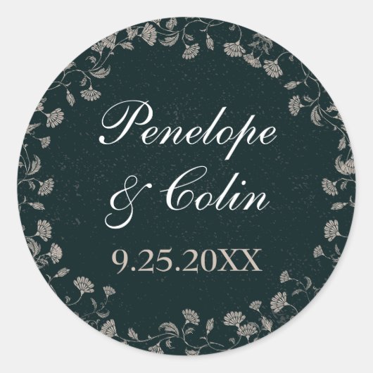 黒エレガント色と接線のヴィンテージフローラ名の日付 ラウンドシール (正面)