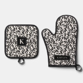 黒エレガント色と白葉色のパターン 鍋つかみ&鍋敷きセット (正面)