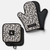 黒エレガント色と白葉色のパターン 鍋つかみ&鍋敷きセット (正面/裏面)