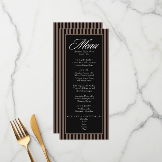 黒エレガント色と茶色の縦ストライプ型結婚の メニュー (正面/裏面インサイチュ)