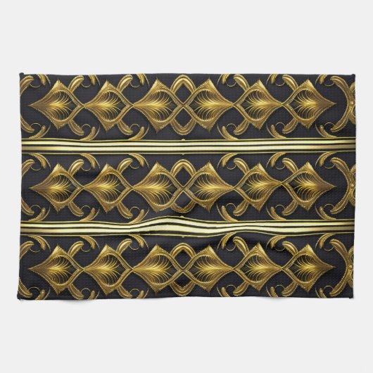 黒エレガント色と金ゴールドのアールデコ模様 キッチンタオル (横)