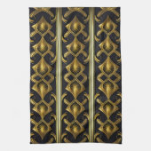 黒エレガント色と金ゴールドのアールデコ模様 キッチンタオル (縦)