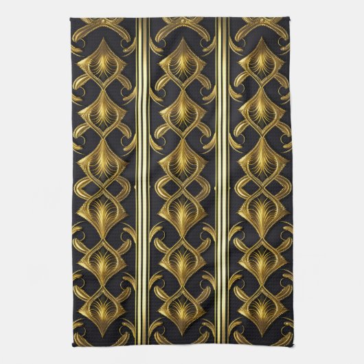 黒エレガント色と金ゴールドのアールデコ模様 キッチンタオル (縦)