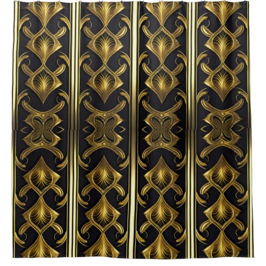 黒エレガント色と金ゴールドのアールデコ模様 シャワーカーテン (正面)