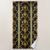 黒エレガント色と金ゴールドのアールデコ模様 ビーチタオル (正面)
