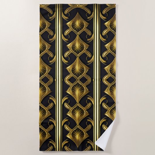 黒エレガント色と金ゴールドのアールデコ模様 ビーチタオル (正面)