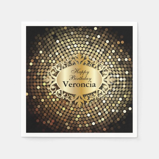 黒エレガント色と金ゴールドのパーソナライズ スタンダードカクテルナプキン (正面)