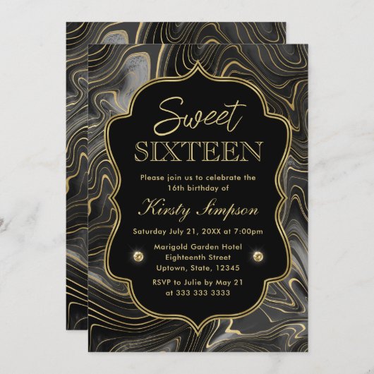 黒エレガント色と金ゴールドジオードストラタスウィート16 招待状 (正面/裏面)