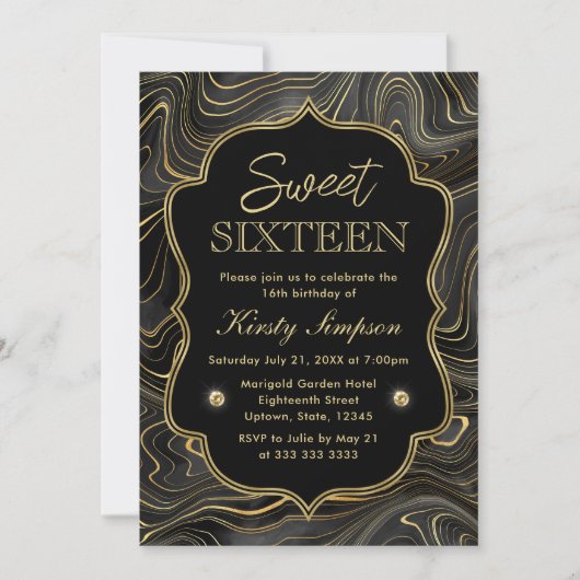 黒エレガント色と金ゴールドジオードストラタスウィート16 招待状 (正面)