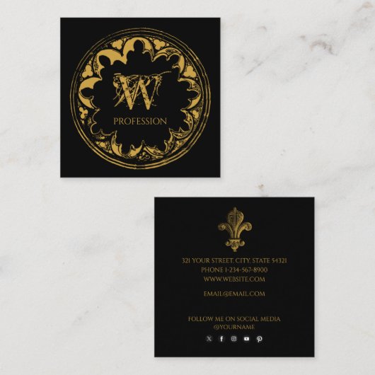 黒エレガント色と金ゴールド素朴ヴィンテージ動揺して スクエア名刺 (正面/裏面)