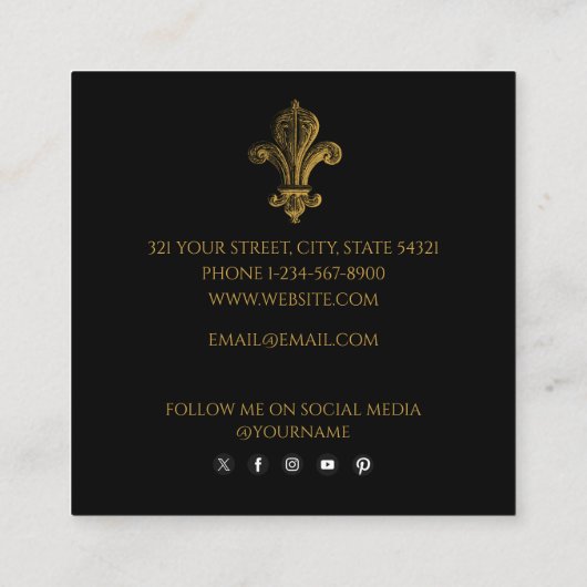 黒エレガント色と金ゴールド素朴ヴィンテージ動揺して スクエア名刺 (裏面)