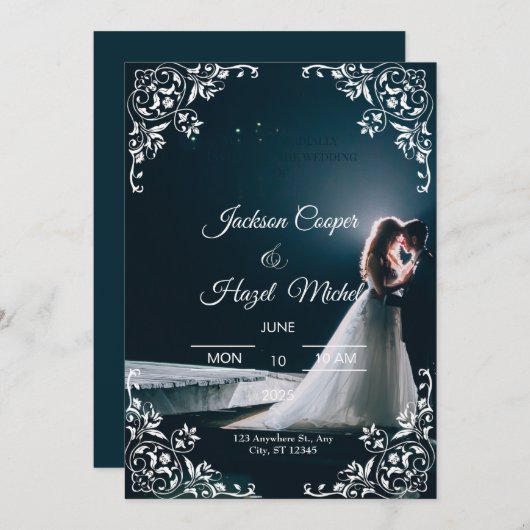 黒エレガント色と金ゴールド結婚式招待状 シーズンカード (正面/裏面)