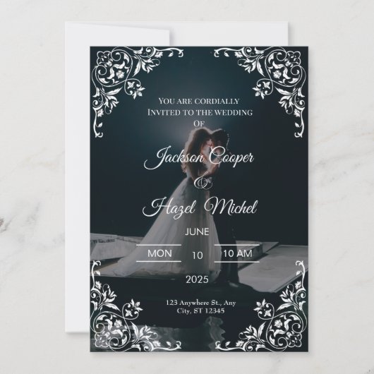 黒エレガント色と金ゴールド結婚式招待状 招待状 (正面)