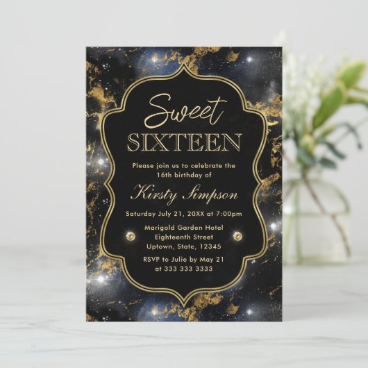 黒エレガント色と金ゴールド銀河系大理石Sweet sixteen 招待状 (スタンド正面)