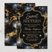 黒エレガント色と金ゴールド銀河系大理石Sweet sixteen 招待状 (正面/裏面)