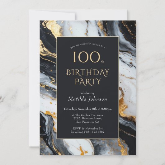 黒エレガント色と金ゴールド100番目の誕生日招待状 招待状 (正面)