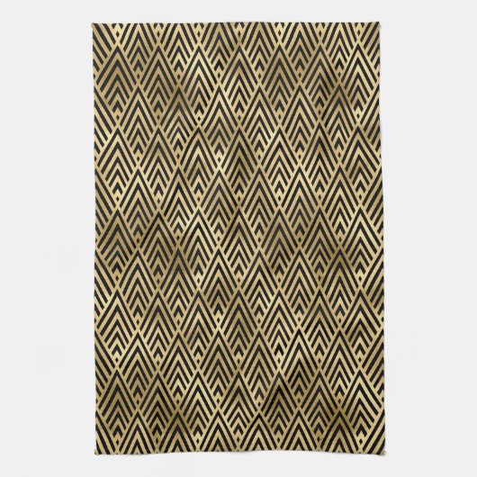 黒エレガント色と金ゴールド1920sアールデコヴィンテージ キッチンタオル (縦)