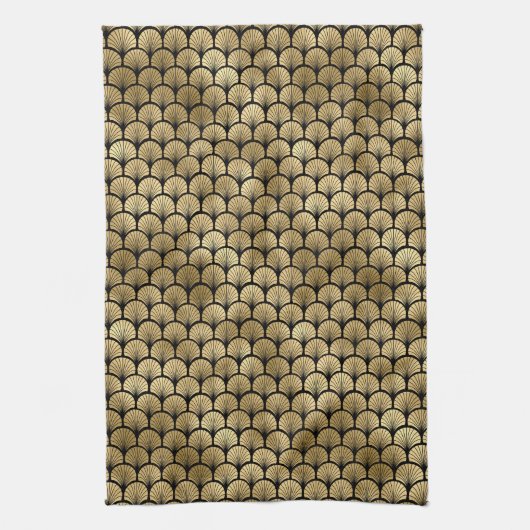 黒エレガント色と金ゴールド1920sアールデコヴィンテージ キッチンタオル (縦)