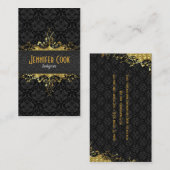 黒エレガント色と金ゴールド2のヴィンテージフローラダマスク 名刺 (正面/裏面)