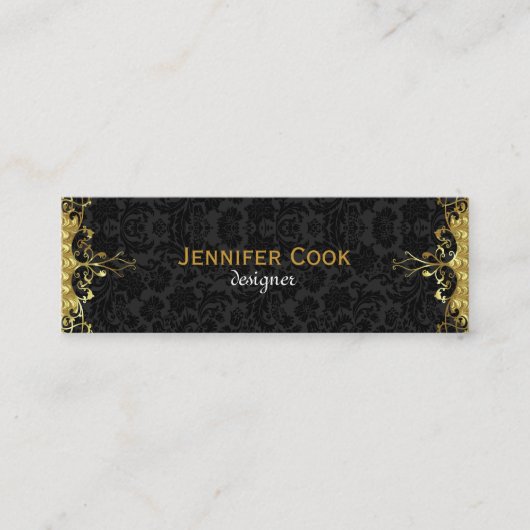 黒エレガント色と金ゴールド3ヴィンテージフローラダマスク スキニー名刺 (正面)